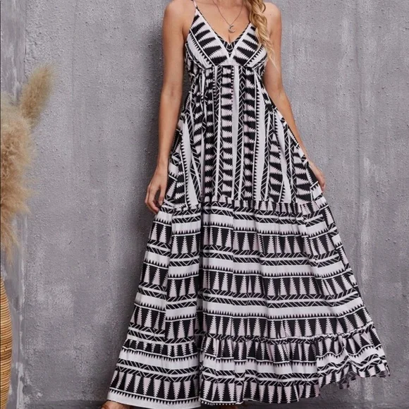 Boho Geo Abstract Print Cami Maxi Dress GREEN - Picture 9 of 11